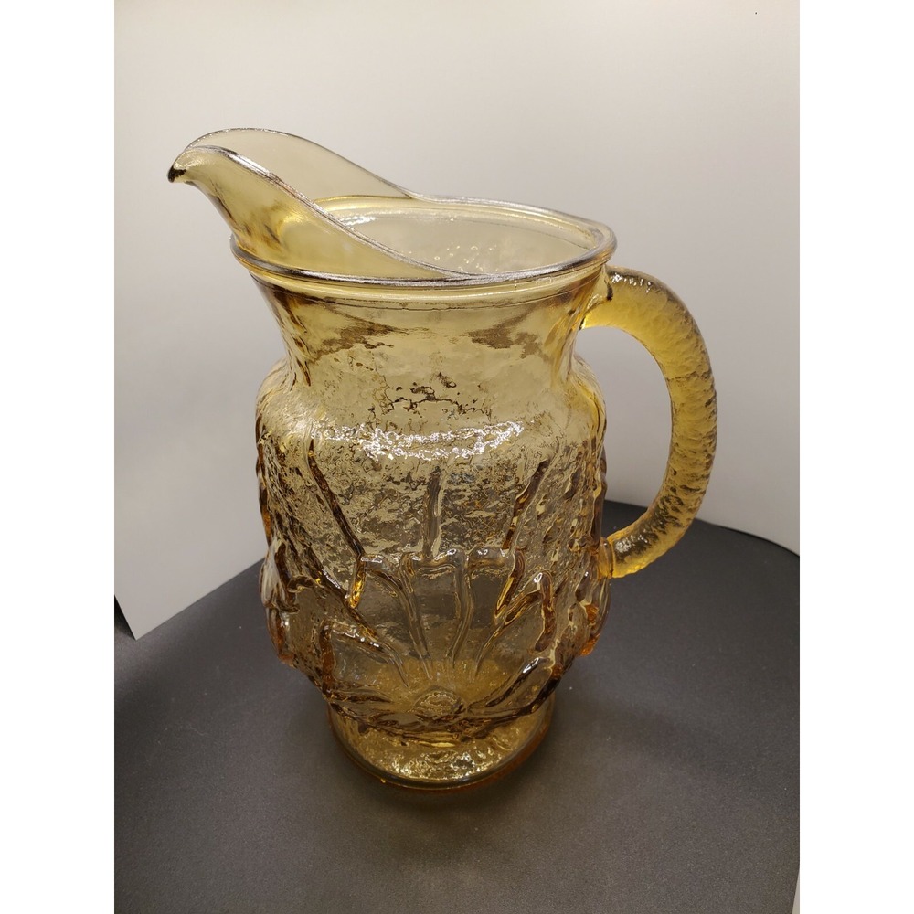 Vintage Amber Crinkle Glass Pitcher, Anchor Hocking  Rain Flower design from 60